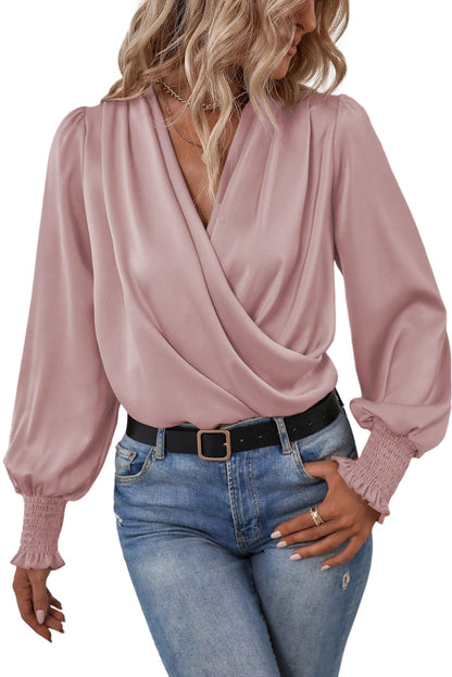 Black Basic Drape V Neck Long Sleeve Women Blouse