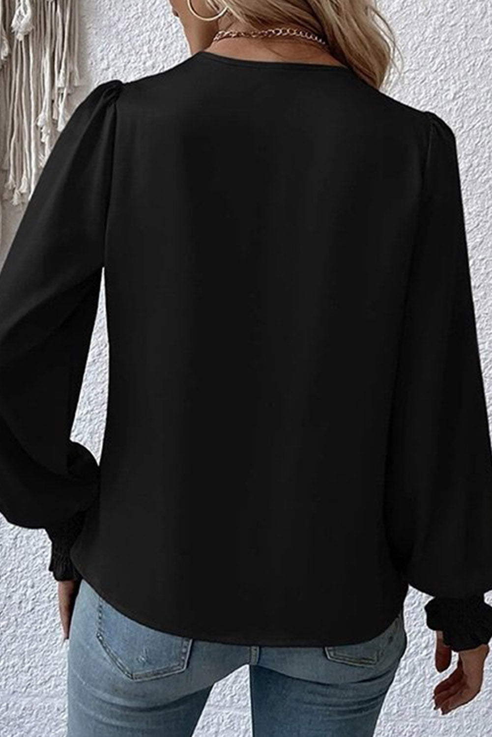 Black Basic Drape V Neck Long Sleeve Women Blouse