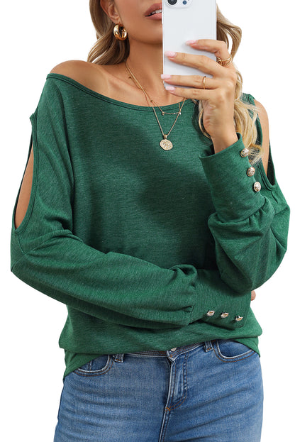 Green Boat Neck Asymmetric Cutout Long Sleeve Top