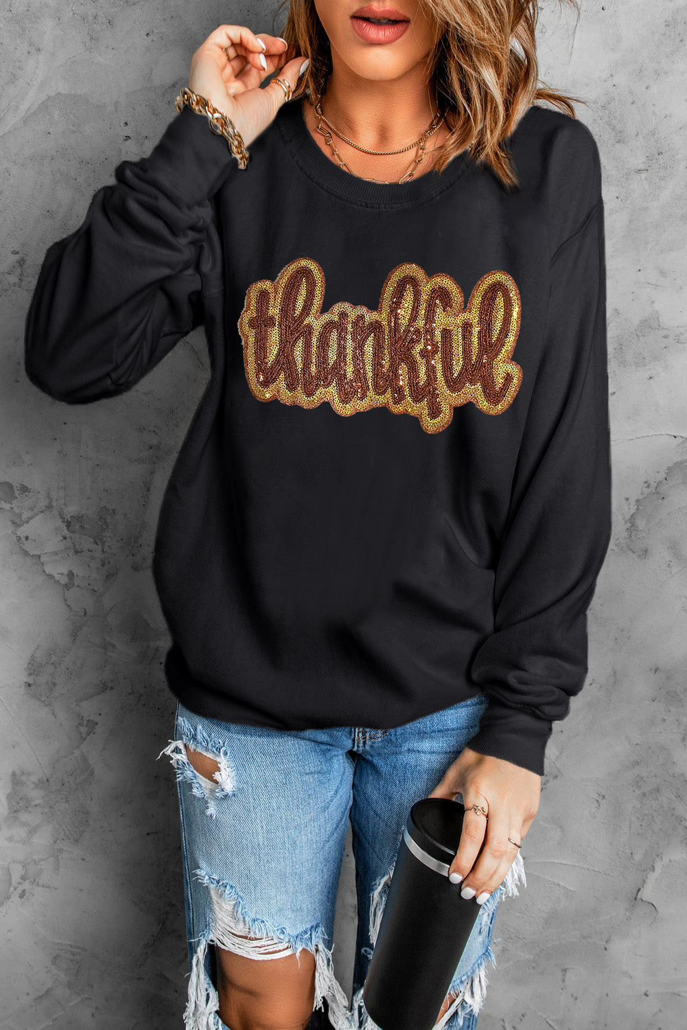 Black thankful Print Sequin Graphic Sweatshirt