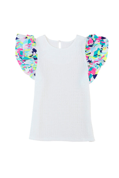 White Abstract Print Puff Sleeve Textured Top