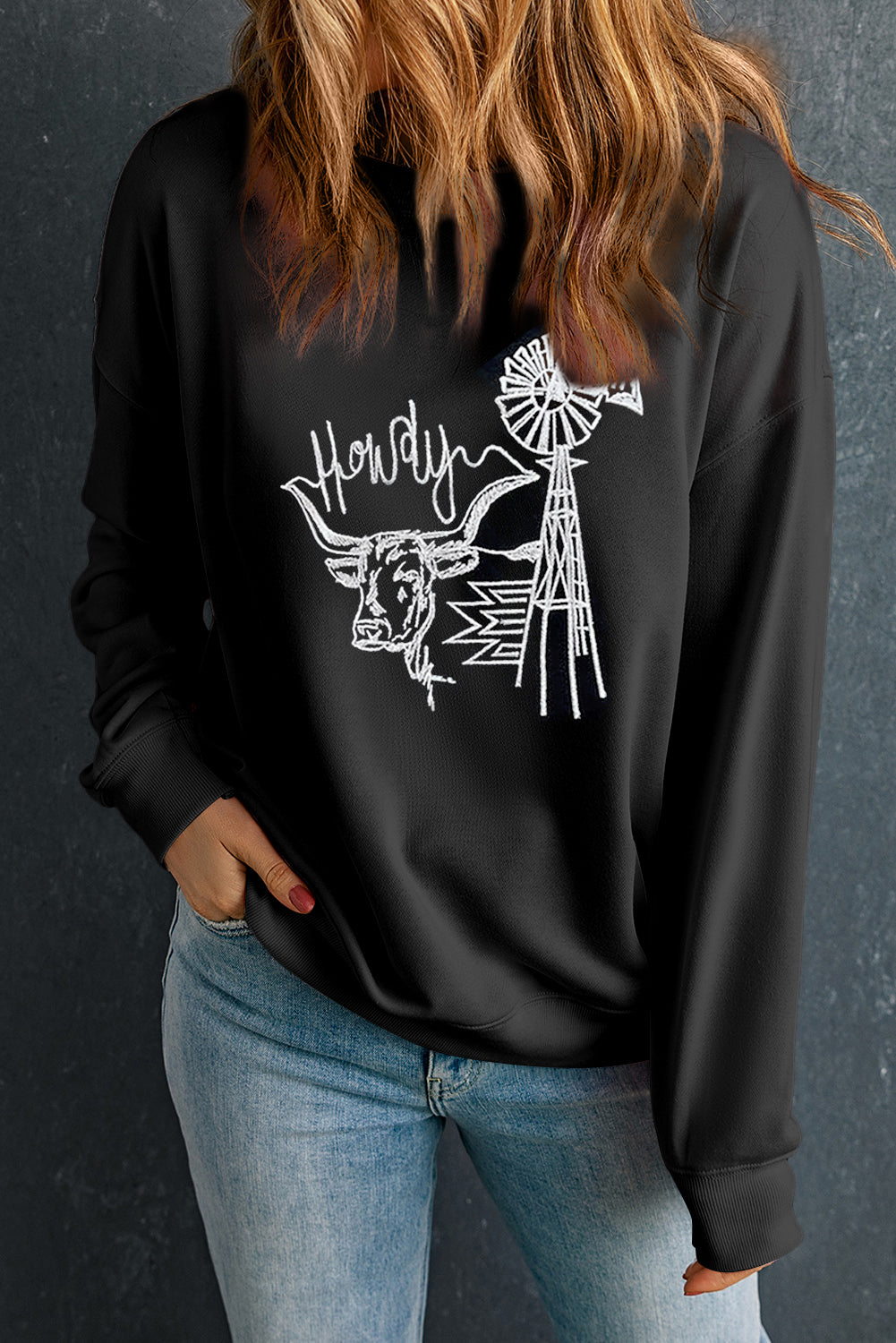 Black Embroidered Howdy Cow Graphic Crew Neck Sweatshirt