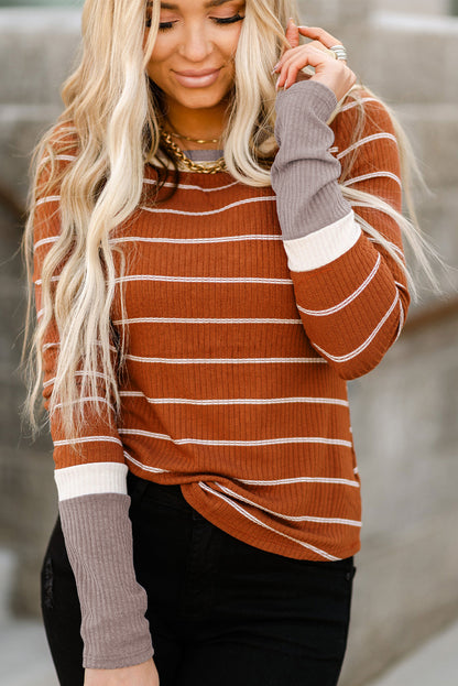 Brown Contrast Spliced Color Block Cuffs Rib Knit Top