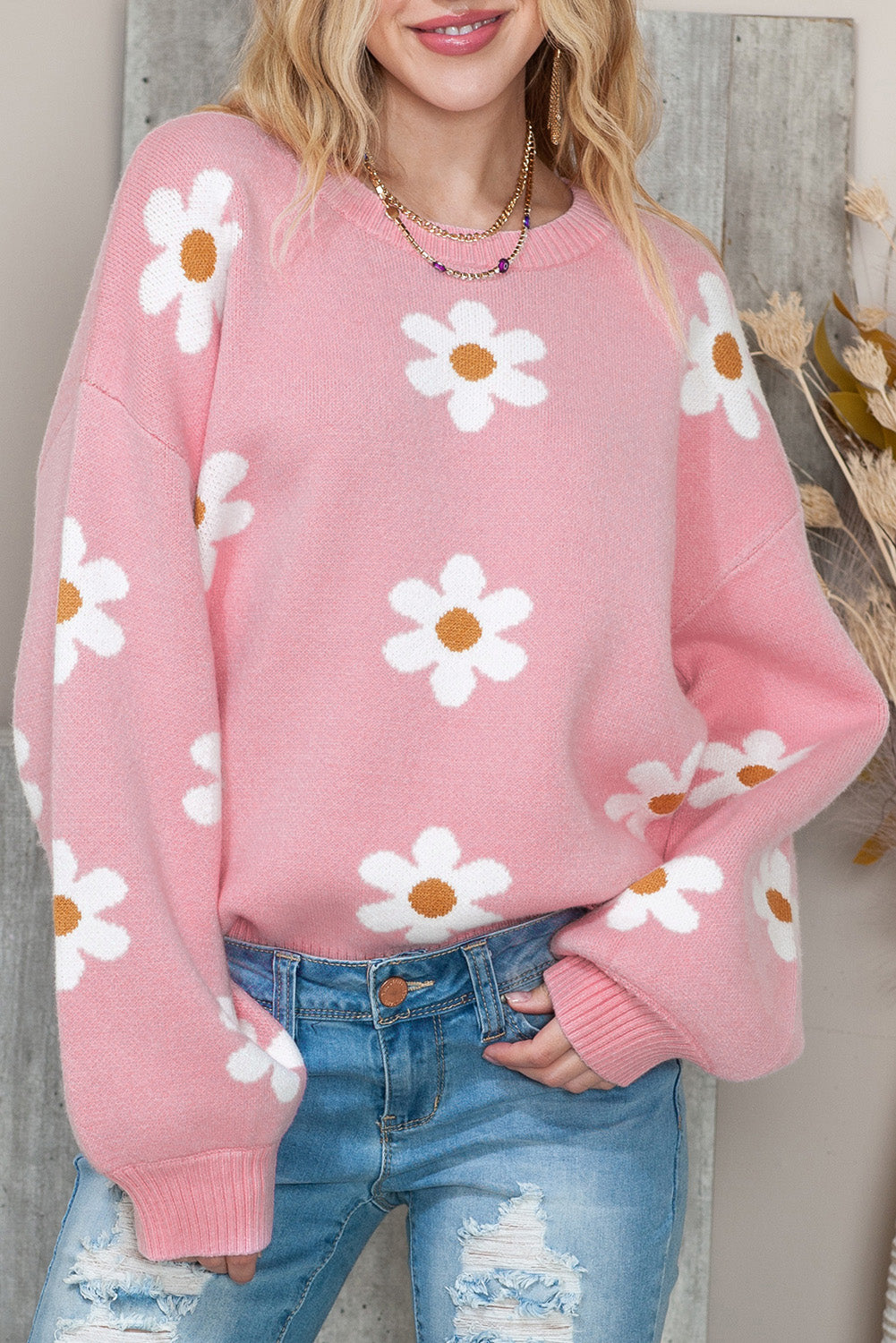 Pink Floral Pattern Drop Shoulder Pullover Knit Sweater