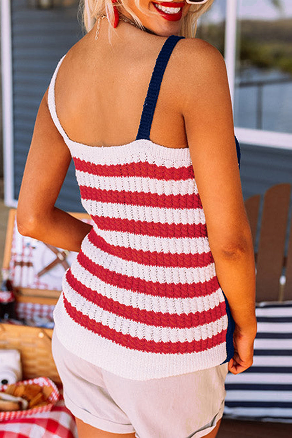 Red Stars & Stripes Flag Pattern Patchwork Knit Tank Top