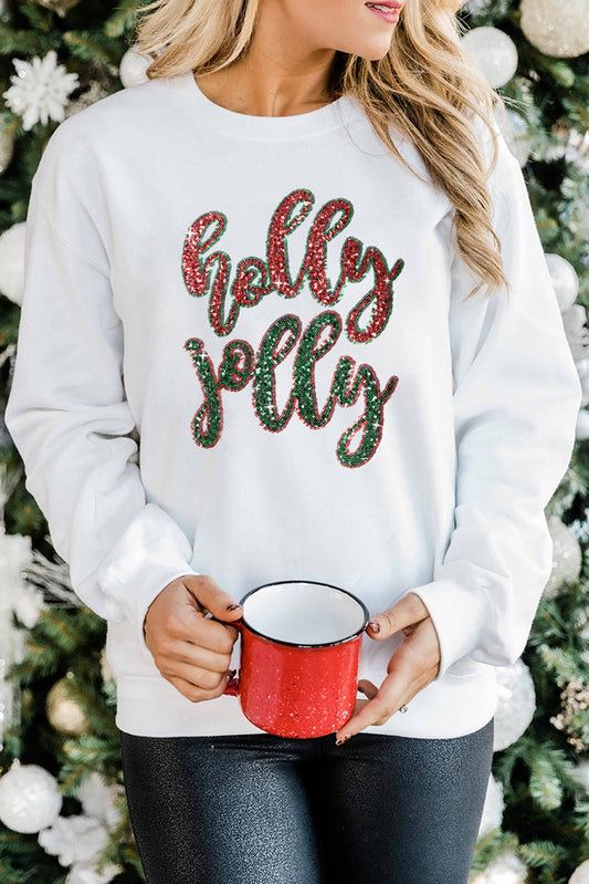 White Christmas Sequined Holly Jolly Graphic Sweatshirt