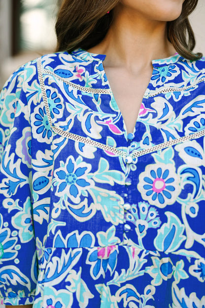 Blue Boho Floral Print V Neck Peplum Blouse