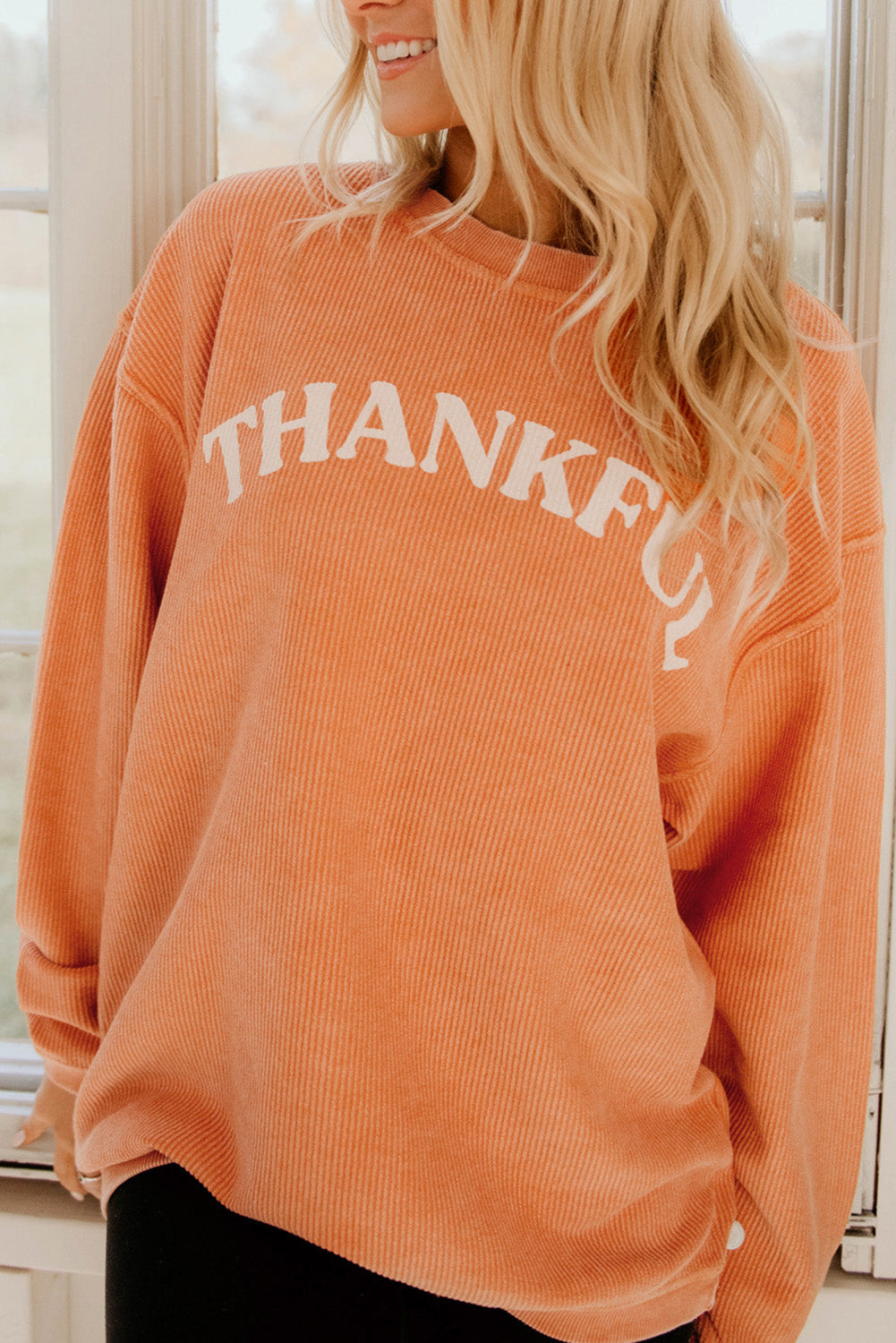 Orange-3 THANKFUL Letter Graphic Corded Sweatshirt