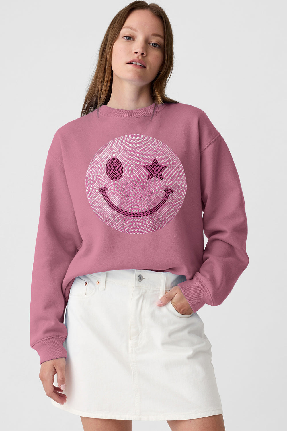 Black Rhinestoned Smile EMOJ Graphic Crew Neck Sweatshirt