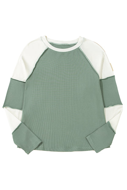 Mint Green Ribbed Colorblock Patchwork Raglan Long Sleeve Top