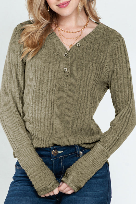 Pickle Green V Neck Buttoned Ribbed Knit Top