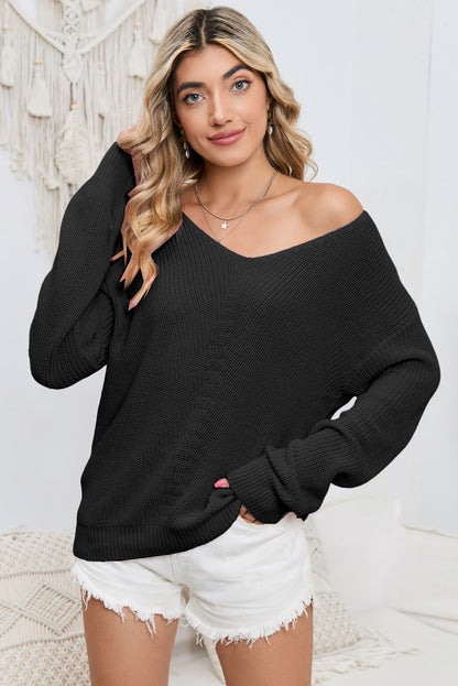 Beige Basic Ribbed Knit V Neck Sweater