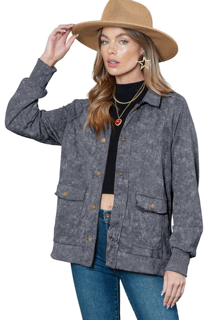 Dark Blue Snap Button Casual Flap Pockets Jacket