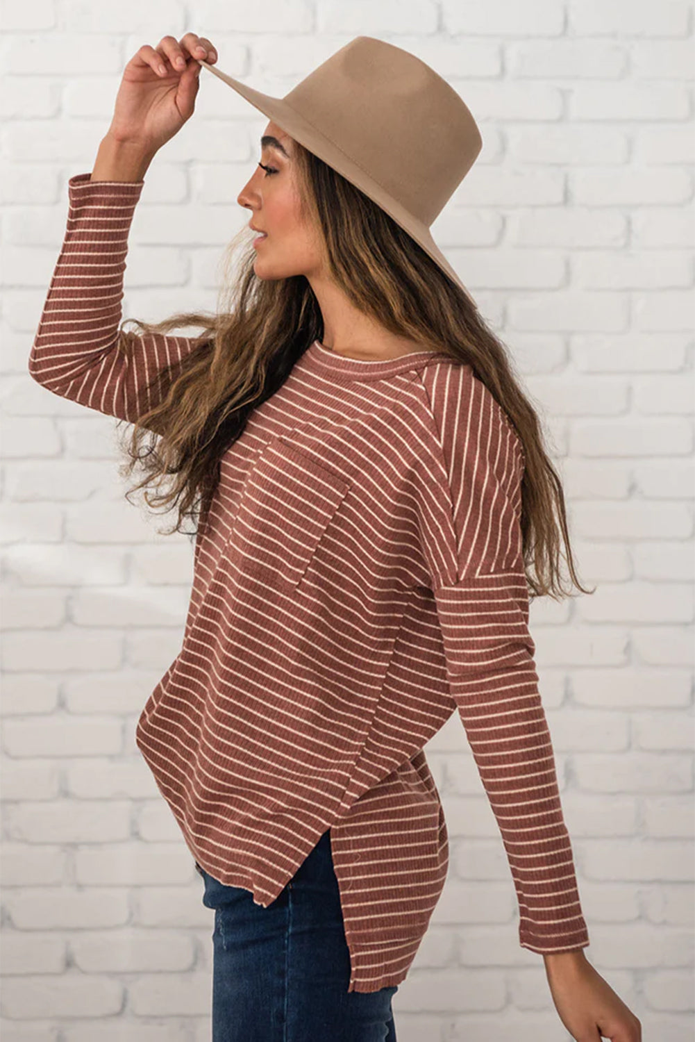 Stripe Side Slits Stitching Patchwork Long Sleeve Top