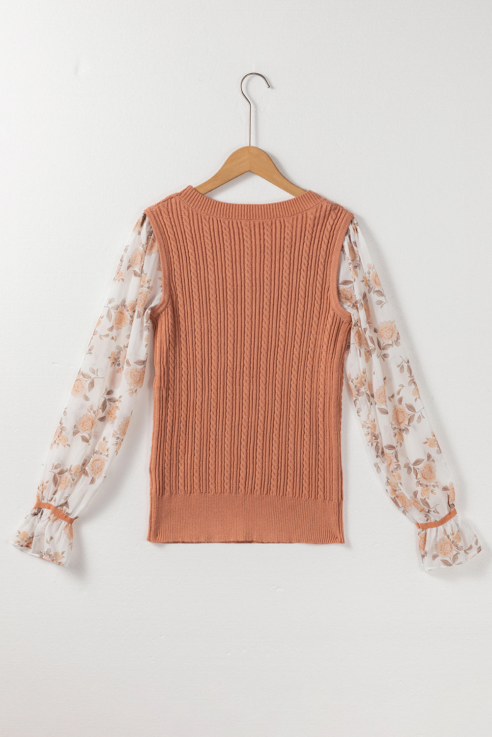 Floral Patchwork Ruffled Cuff Sleeve Cable Knit Sweater