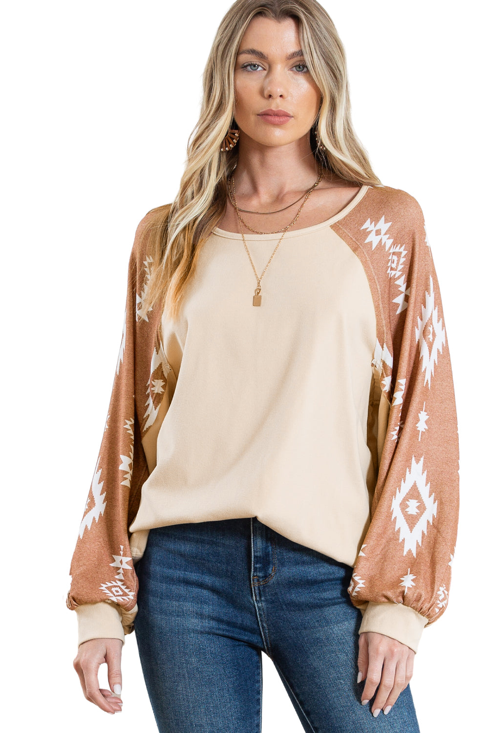 Apricot Casual Ethnic Print Patch Long Sleeve Top