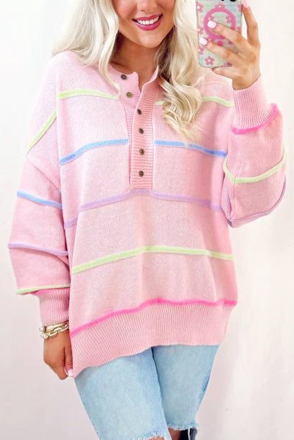 White Rainbow Striped Drop Sleeve Henley Sweater