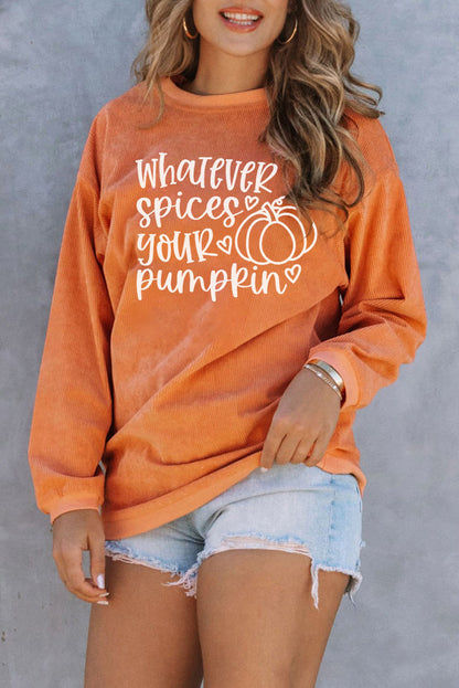 Orange Pumpkin Letter Print Oversized Corduroy Sweatshirt