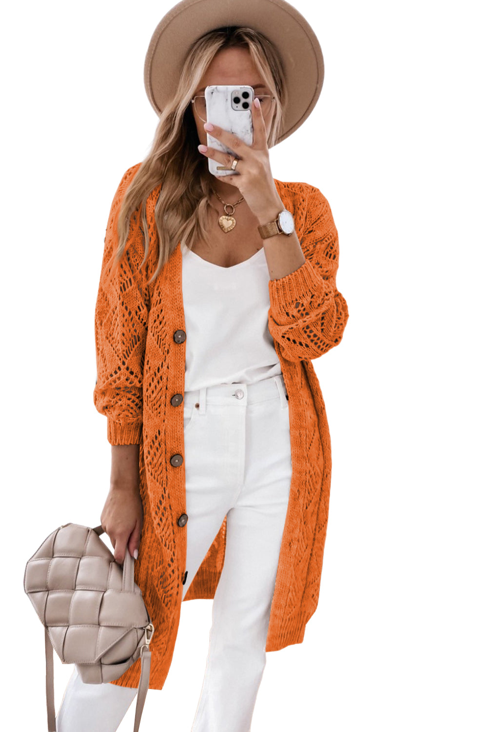 Khaki Button Up Hollow Out Loose Long Cardigan