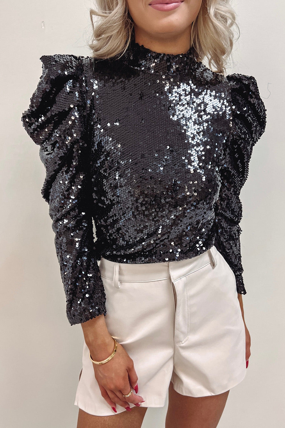 Apricot Sequin Mock Neck Ruched Puff Sleeve Top