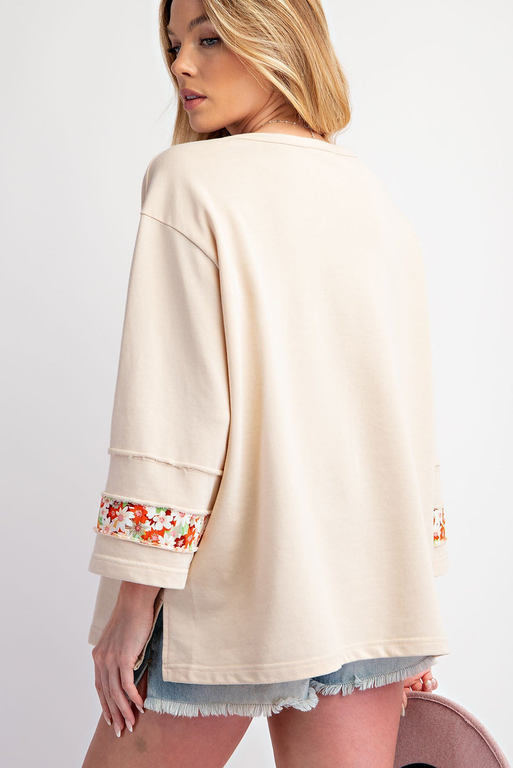 Beige Flower Exposed Seam Patchwork Loose Top