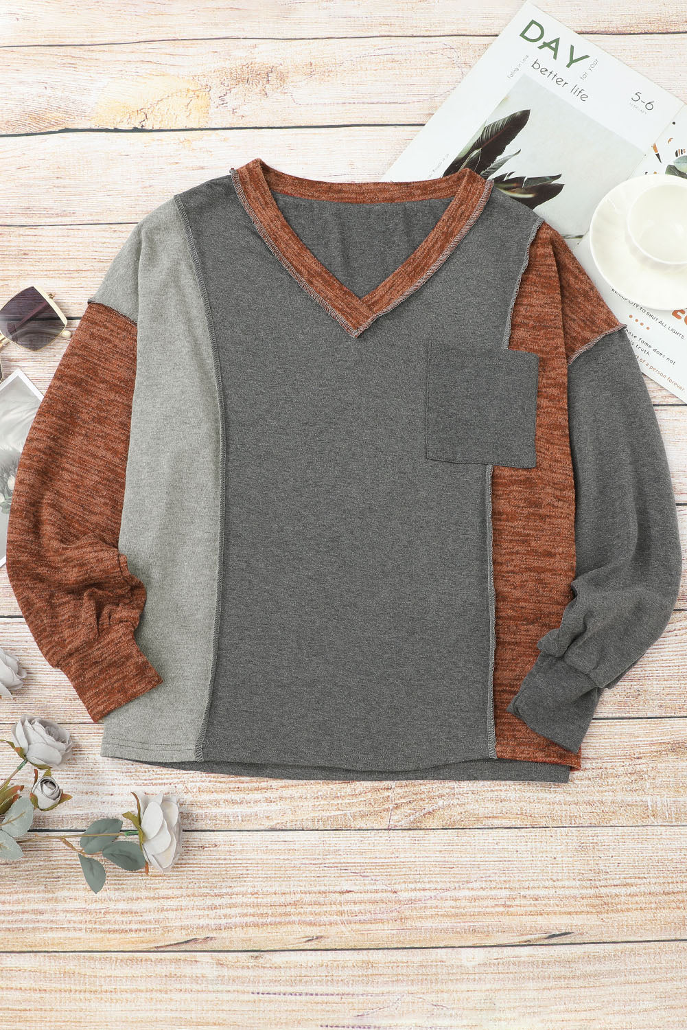 Brown Exposed Seam Patchwork V Neck Long Sleeve Top