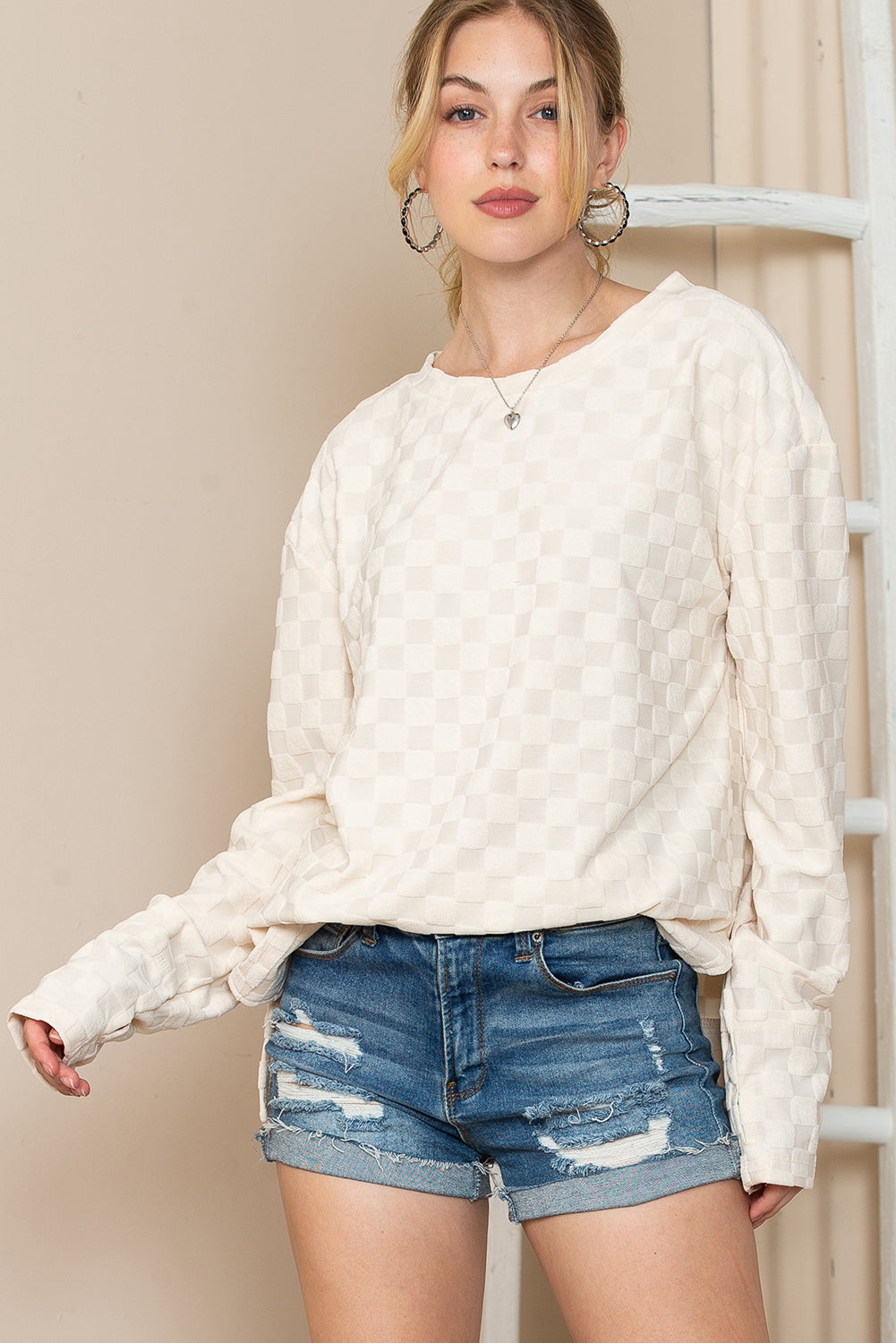 Rose Red Checkered Furry Thumbhole Long Sleeve Top