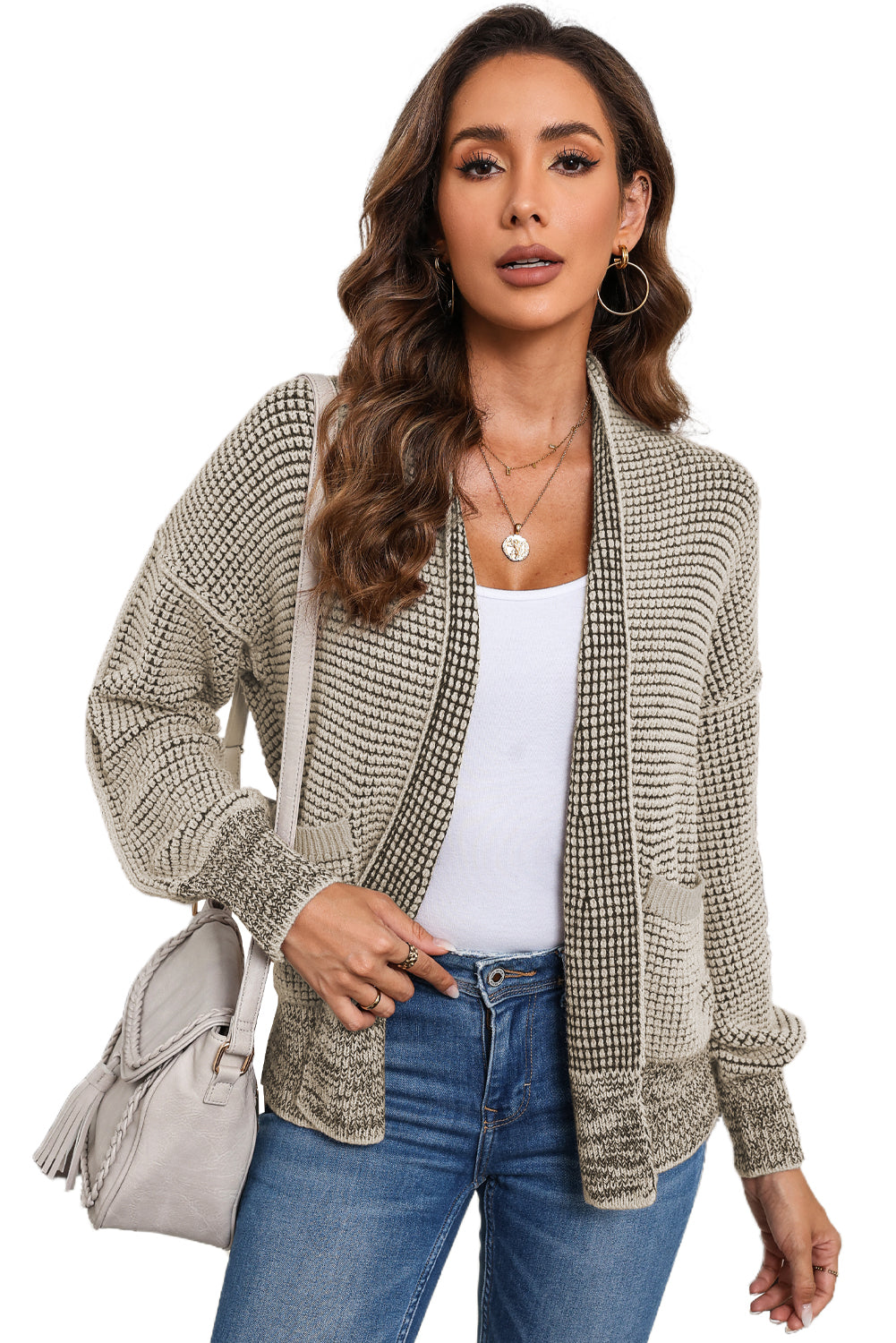 Apricot Chunky Knit Pockets Drop Sleeve Cardigan