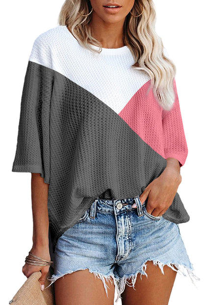 Strawberry Pink Waffle Color Block Half Sleeve Top