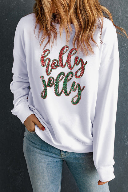 White Christmas Sequined Holly Jolly Graphic Sweatshirt