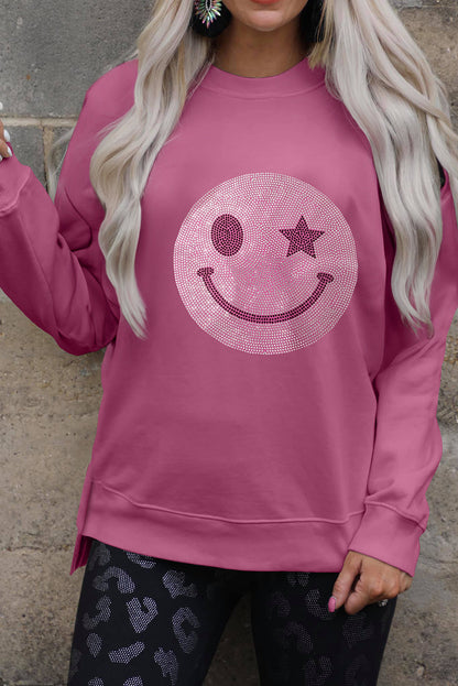 Black Rhinestone Smile Face Pattern High Low Hem Sweatshirt