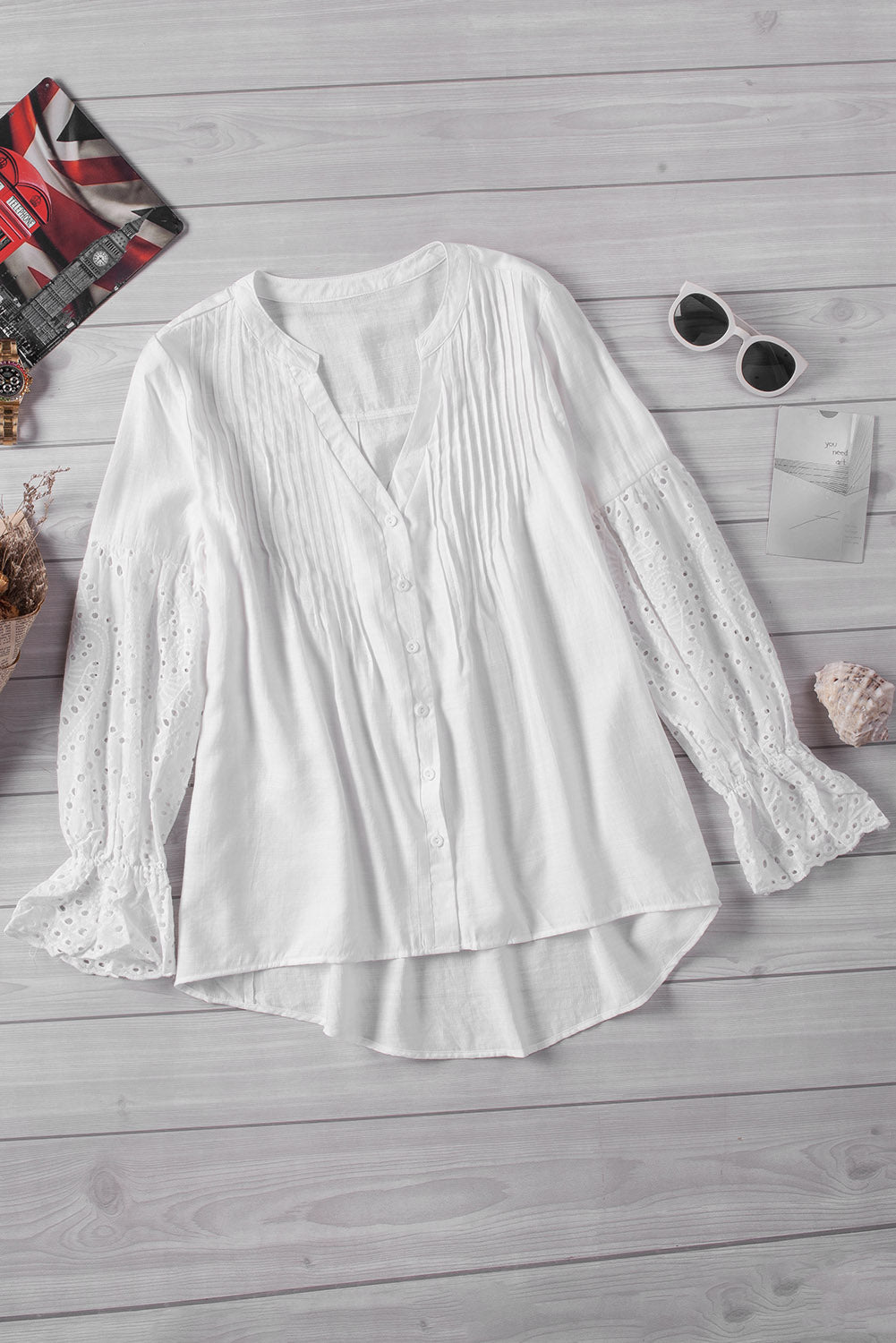 White Casual Eyelet Button Up Blouse for Women