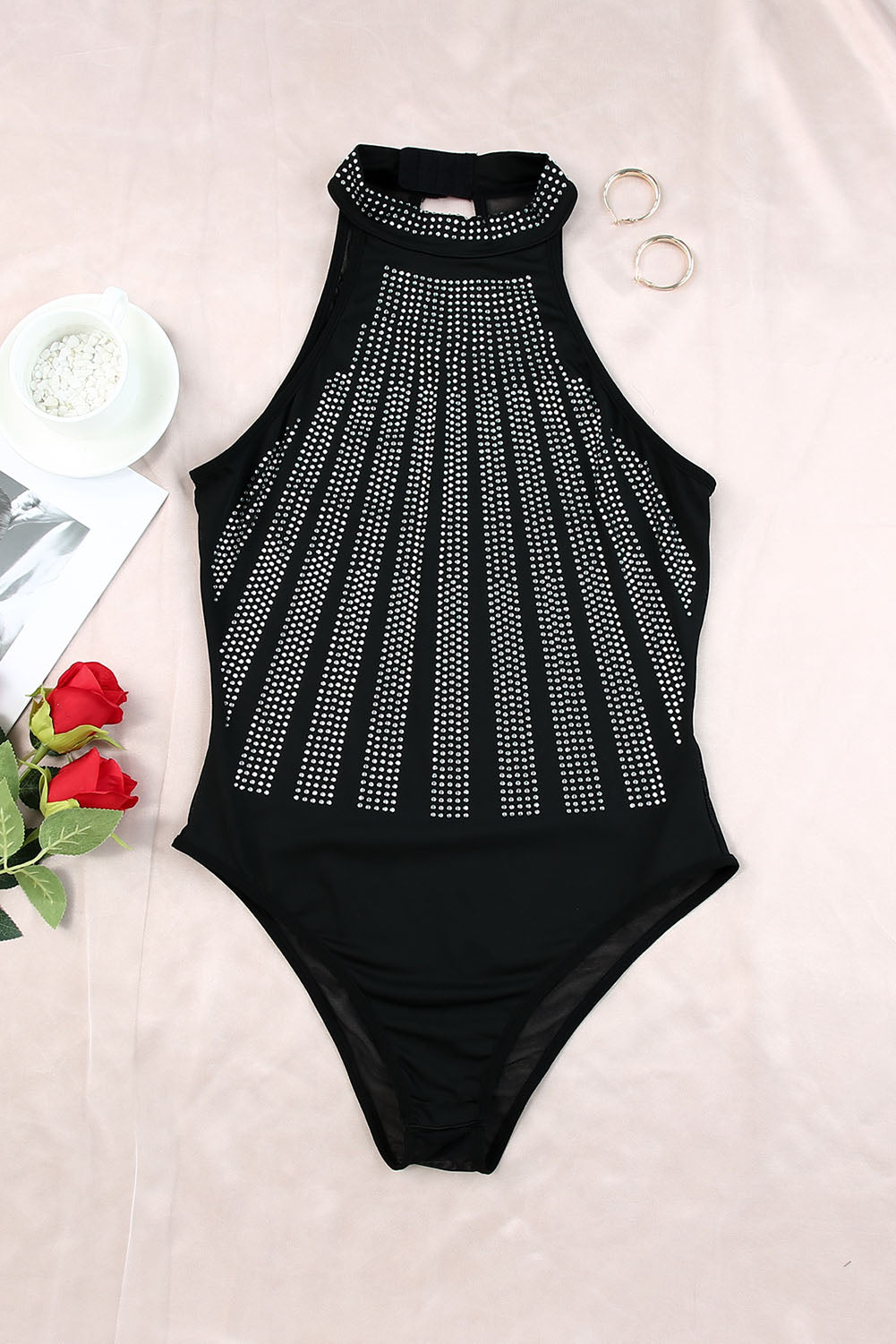 Black Sexy Rhinestone Sleeveless High Neck Bodysuit