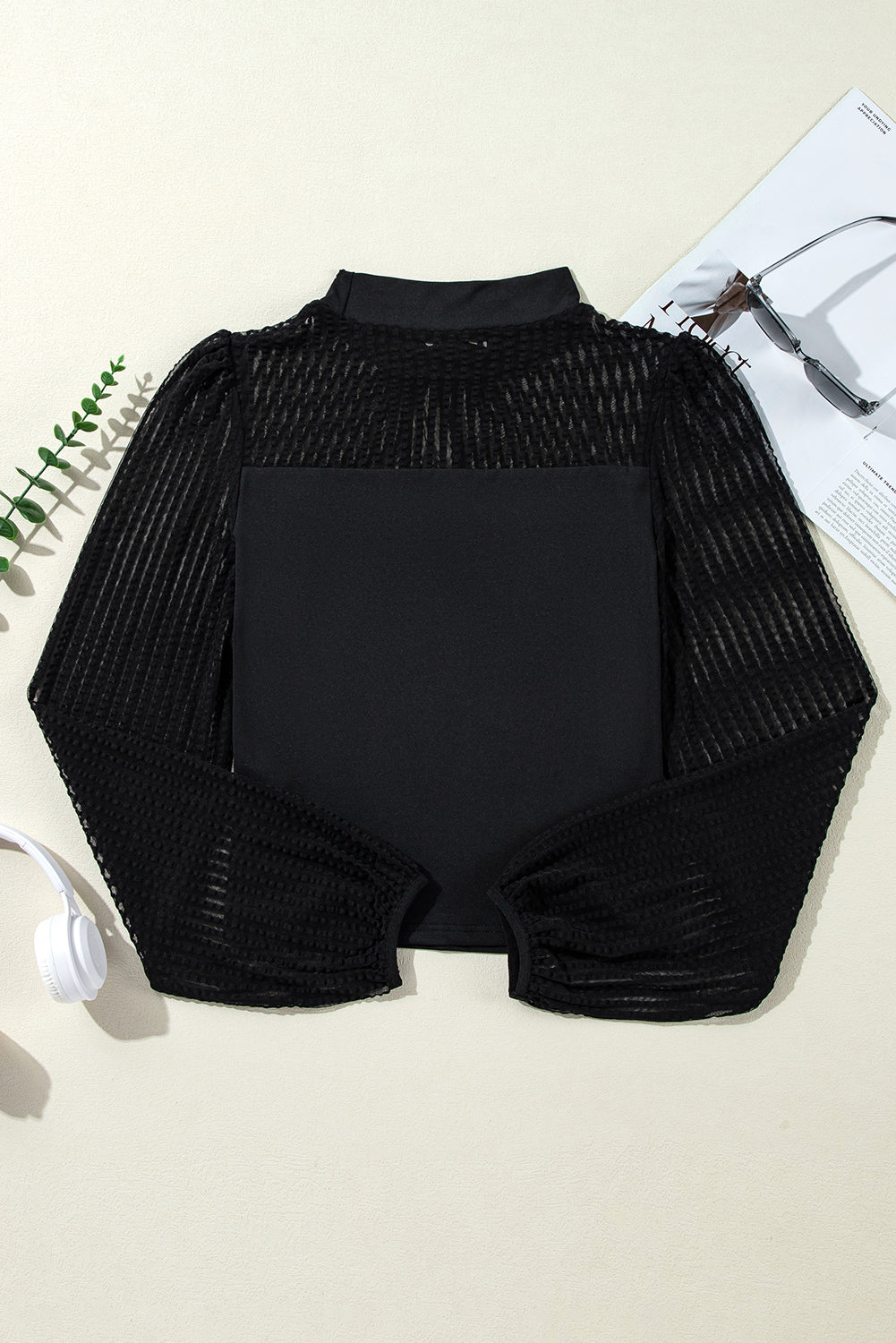 Black Stand Collar Striped Mesh Lantern Sleeve Top