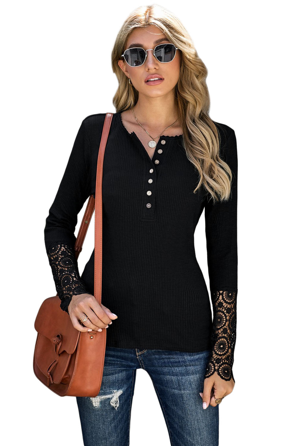 Black Ribbed Lace Crochet Long Sleeve Henley Shirt