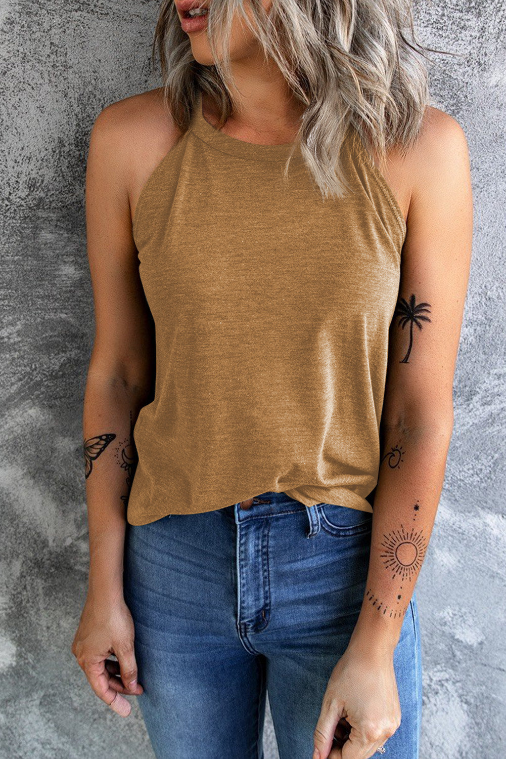 Brown Solid Color Crew Neck Tank Top