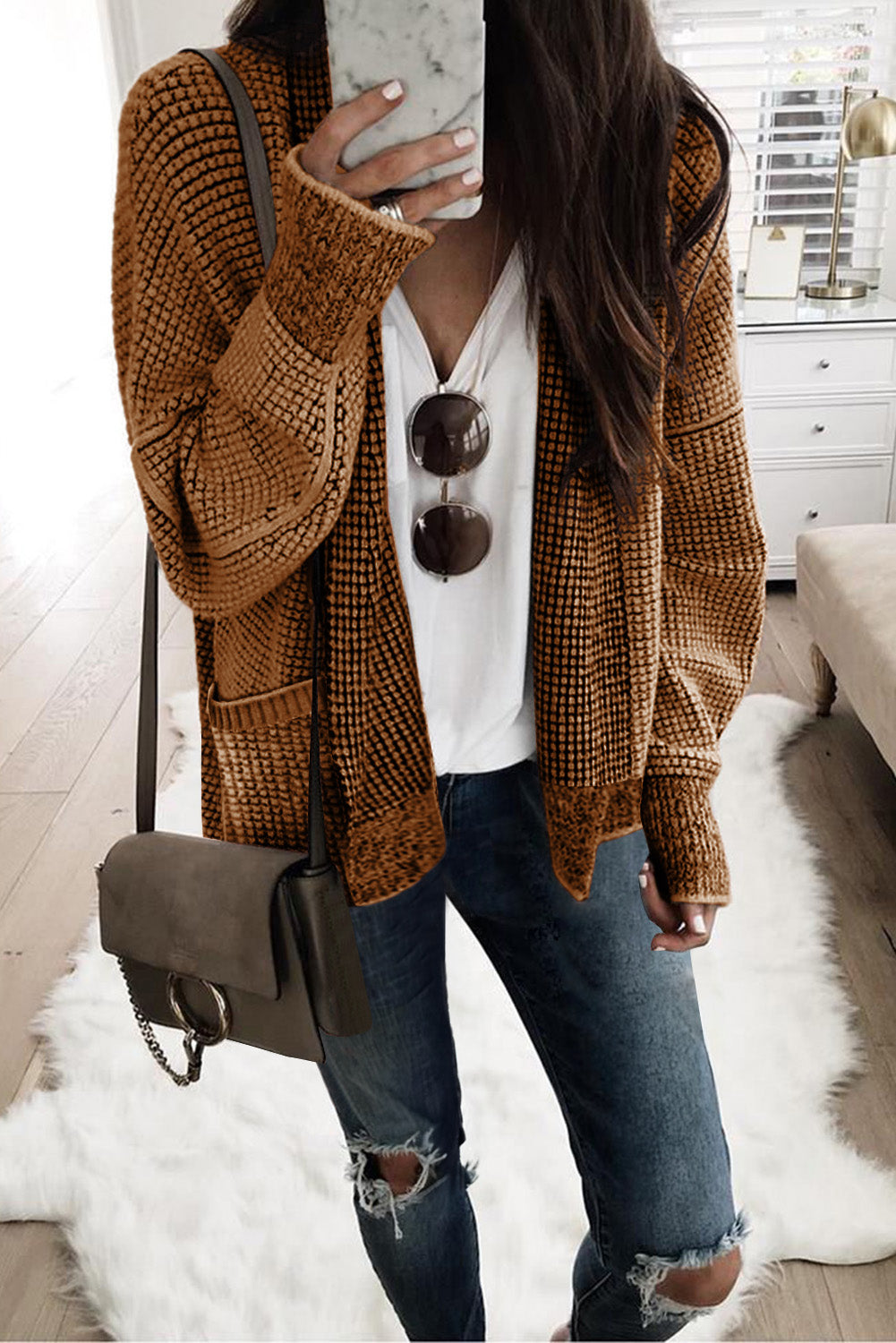 Apricot Chunky Knit Pockets Drop Sleeve Cardigan