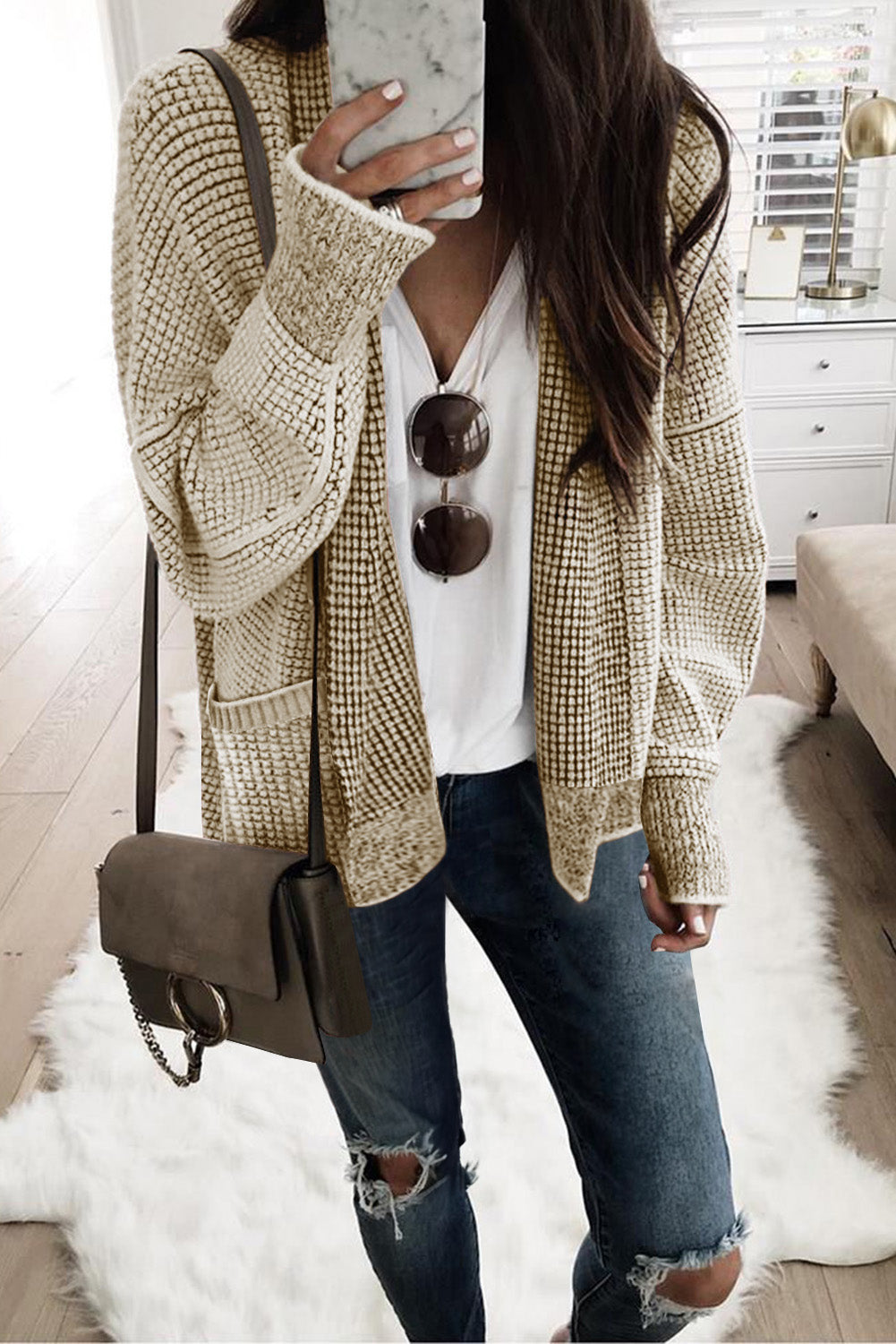 Apricot Chunky Knit Pockets Drop Sleeve Cardigan