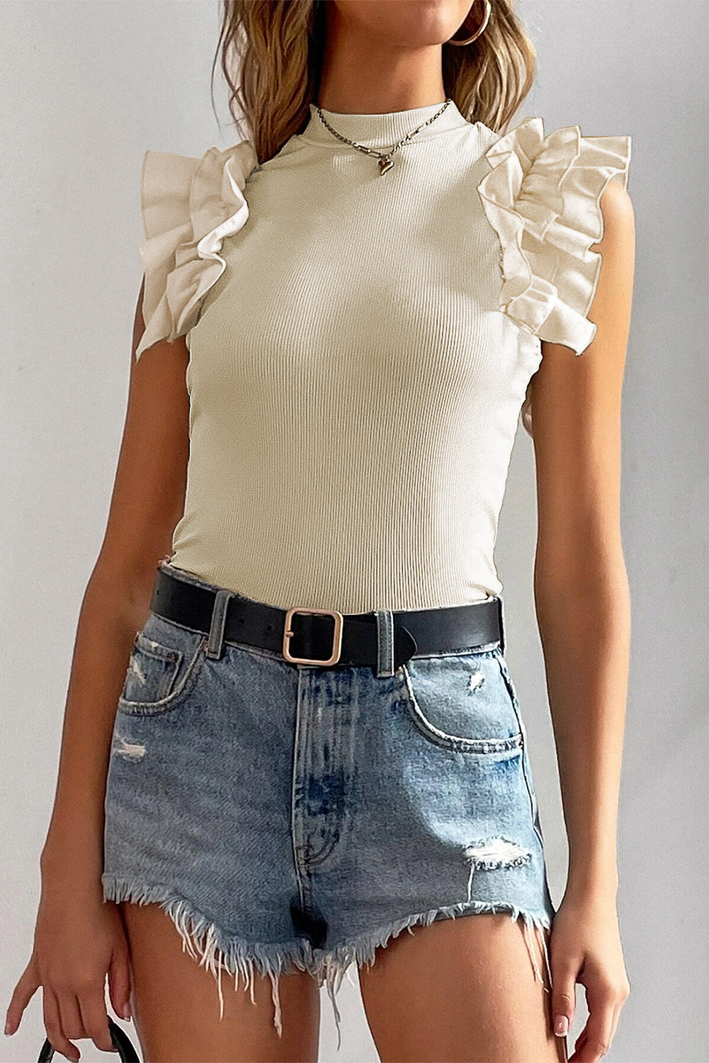 Beige Ruffle Splicing Ribbed Sleeveless Blouse