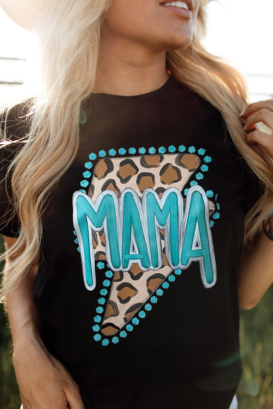 Black Casual MAMA Leopard Lightening Graphic Tee