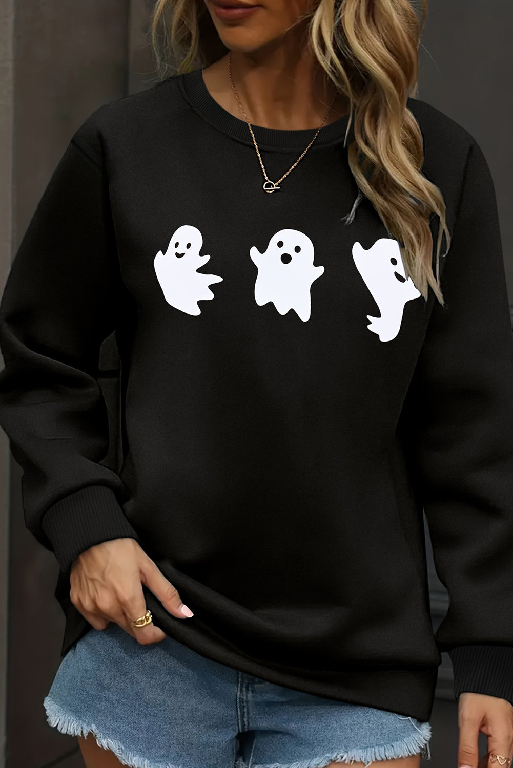 Black Halloween Ghost Print Round Neck Sweatshirt