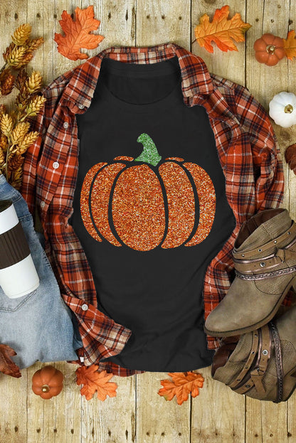 Black Halloween Glittering Pumpkin Graphic T Shirt