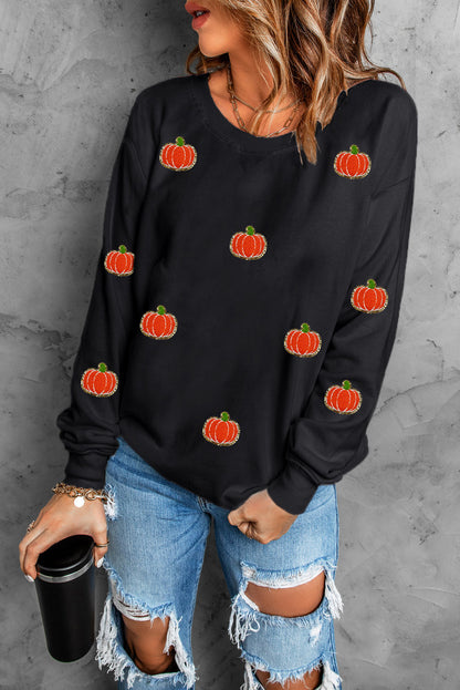 Black Halloween Pumpkin Graphic Drop Shoulder Sweatshirt