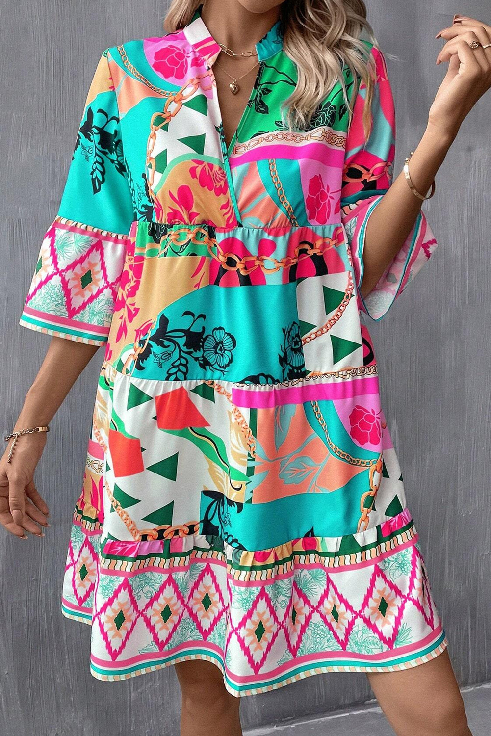  Boho Abstract Tiered Dress