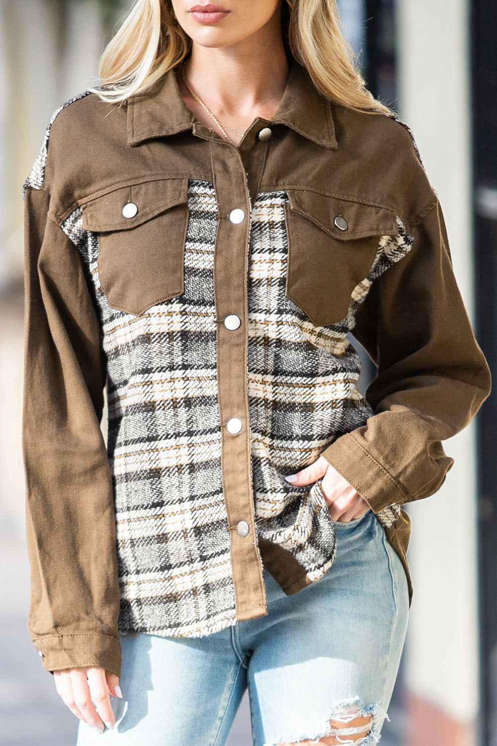 Brown Plaid Patchwork Pockets Denim Jacket