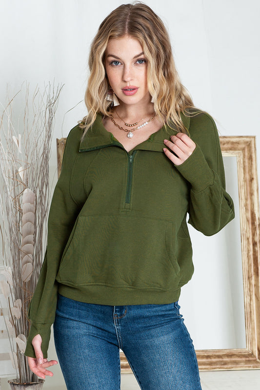 Brown Stand Collar Thumbhole Sleeve Sweatshirt