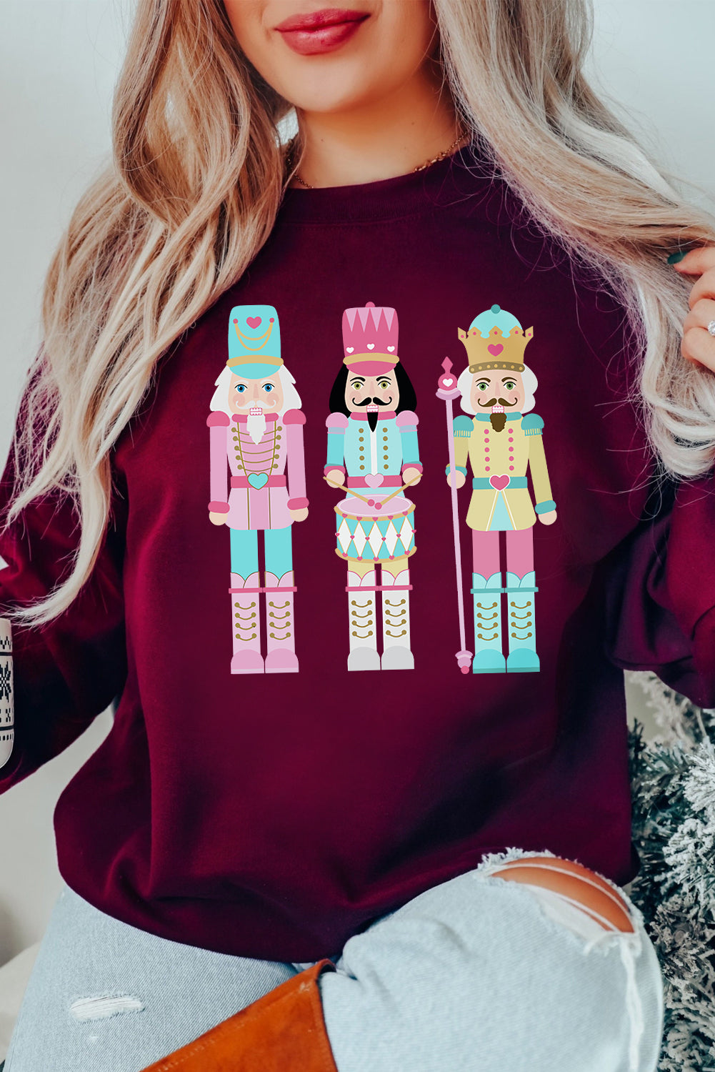 Burgundy Nutcracker Graphic Drop Shoulder Christmas Sweatshirt