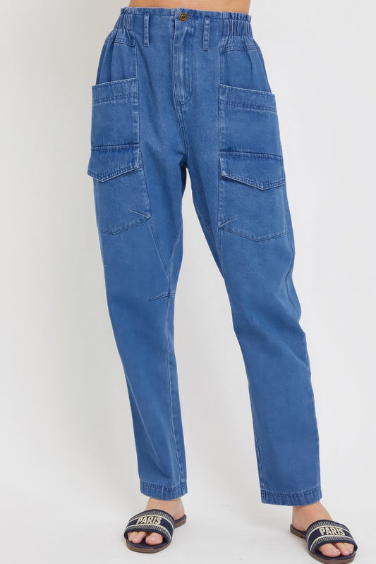 High Waisted Pocketed Denim Jogger Pants