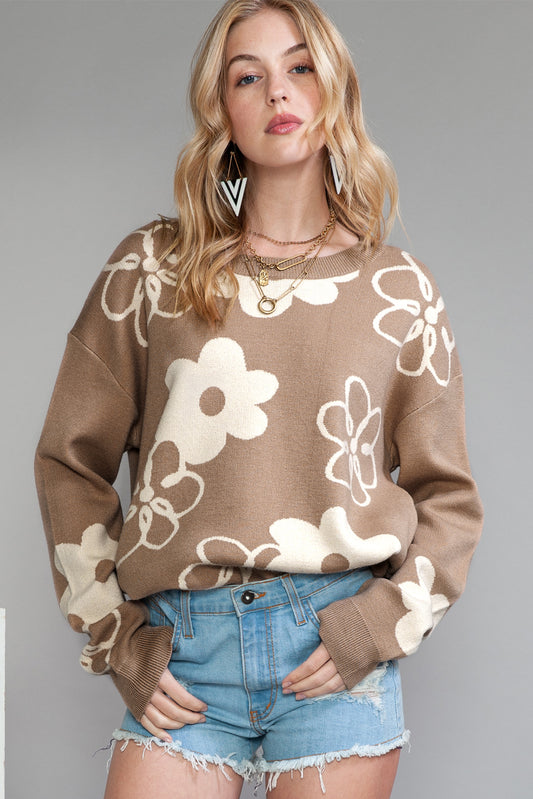 Camel Floral Print Ribbed Contrast Sweater