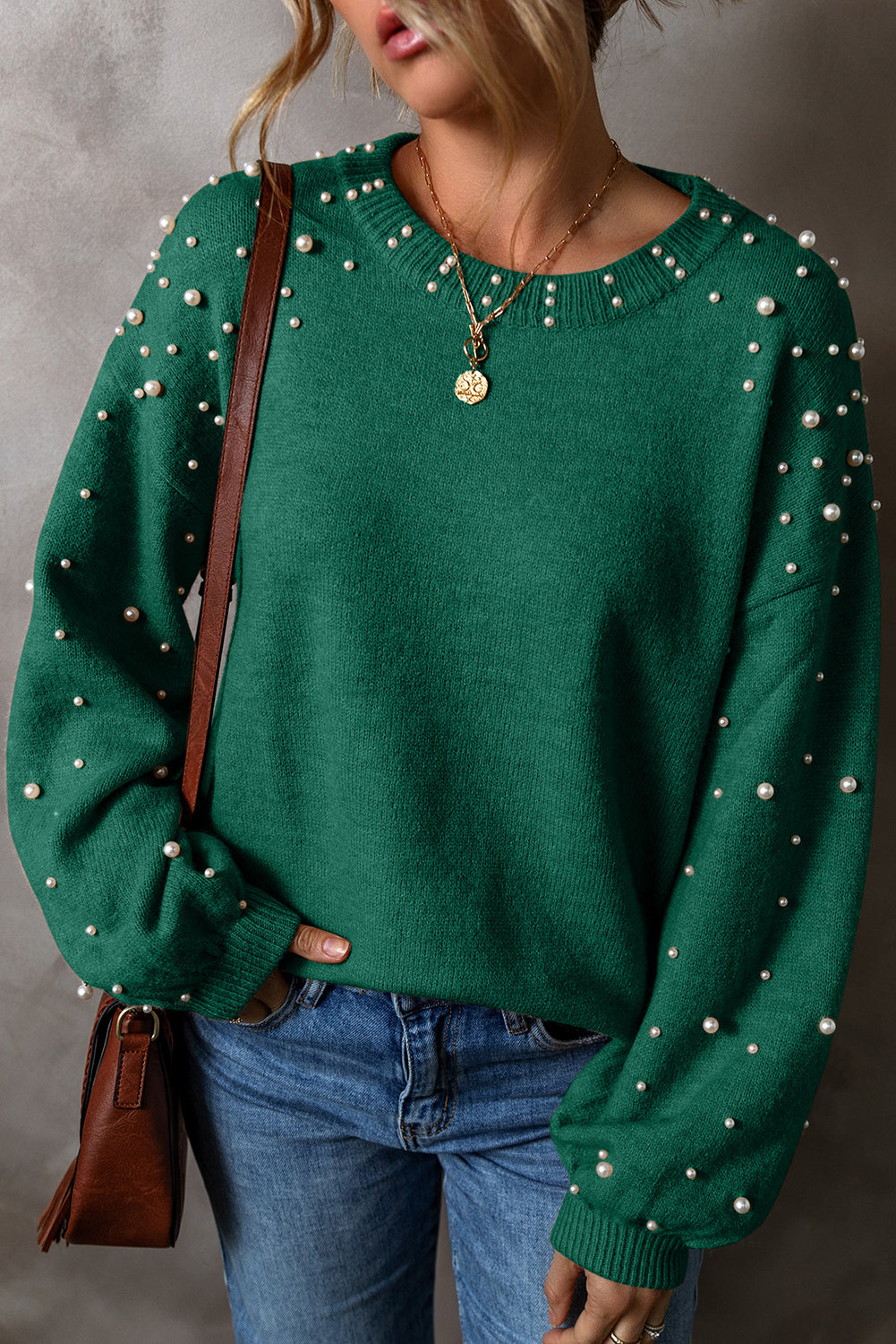 Evergreen Pearl Drop Shoulder Round Neck Sweater